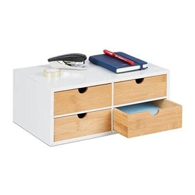 Imagen de Relaxdays Organizador Escritorio, 4 Cajones, Almacenamiento Material Oficina, Bambú y MDF, 14x33x21cm, Natural Blanco