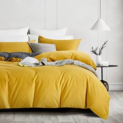 Imagen de Gezu Juego de cama (200 x 200 cm), color amarillo mostaza y gris