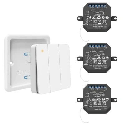 Imagen de Interruptor de Luz Inalámbrico LoraTap, Mando a Distancia y 3 Receptor Relé 10A, Pared Gang para Lámparas Electrodomésticos, RF Control Remoto hasta 200m