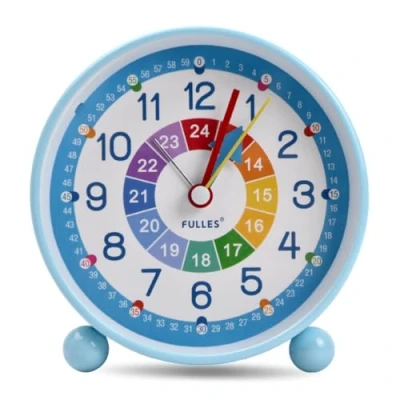 Imagen de Jinlaili Despertador Infantil, Silencioso Sin Tick Tick, Reloj de Aprendizaje con luz Nocturna, Digital para niños, analógico niños (Azul)