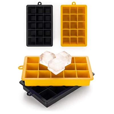 Imagen de Blumtal cubiteras para hielo silicona 2x15 cubitera con tapa cubitos de 3,3cm ice cube tray en XL sin BPA negro azulado y mostaza