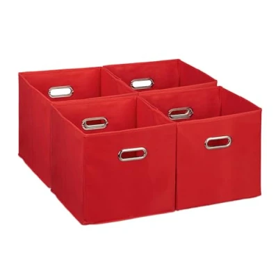 Imagen de Relaxdays Juego Almacenamiento Cajas Almacenaje con Asa Ancha en Set de 4, Cajones Plegables para Estantería, 30 x cm, Rojo, Poliéster