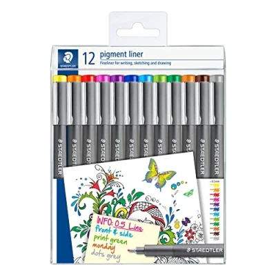 Imagen de Staedtler Colorful pigment liner, tinta pigmentada indeleble, punta de metal larga, ancho línea 0,5 mm, larga vida útil, 12 revestimientos en colores diferentes, 308 S TB12
