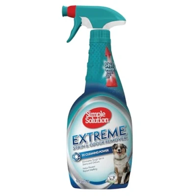 Imagen de Simple Solution Eliminador Extremo de Manchas y Olores Mascotas, Limpiador enzimático con un poder limpieza 3X Pro Bacterias 945ml (Paquete 1)