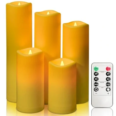 Imagen de Velas sin llama led impermeables,velas parpadeantes con pilas para interiores al aire libre Temporizadores remotos,juego de plástico marfil 5 D2,2&quot;xH4&quot;5&quot;7&quot;8&quot;9&quot;para decoración fiestas