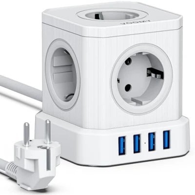 Imagen de VOOMY Cube Regleta Enchufe, 9 en 1 Alargador Enchufe Cubo, Enchufes con 5 Tomas y 4 USB Puertos, Proteccion Sobretension 2500W, Power Alargadera 2 Metros, Blanco