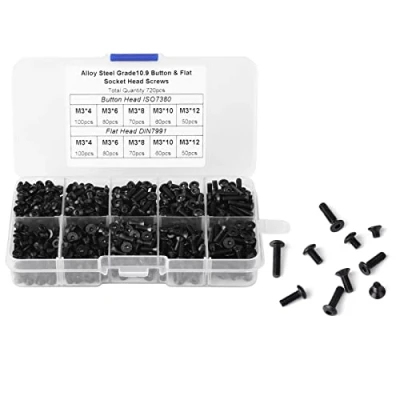 Imagen de Juego de tornillos M3 720 piezas, 4 mm, 6 8 10 12 aleación acero negro y cabeza plana, hexagonales con caja plástico.