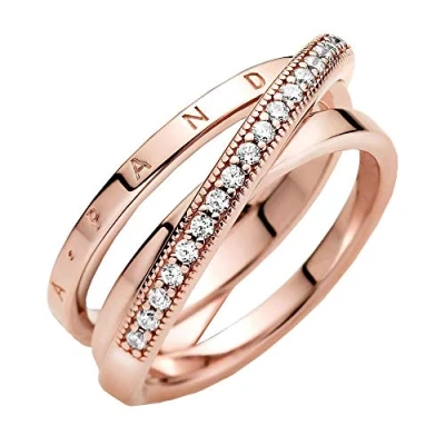 Imagen de PANDORA Signature Anillo con triple banda cruzada engaste pavé chapado en oro rosa de 14 quilates circonitas cúbicas transparentes, talla 52