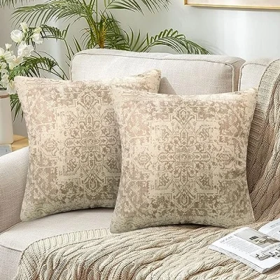 Imagen de Juego de 2 Funda Cojin Boho 45 X cm Abstracto Indio Patrón Cojines Sofa Fundas Lino Beige Cuadrada Almohada Decorativos para Dormitorio Jardín Coche Hogar Salón