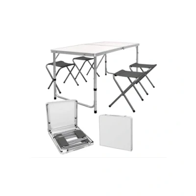 Imagen de Riscko Mesa Plegable de Camping con 4 Taburetes Aluminio y MDF Ligera Compacta Altura Ajustable Ideal para Picnic, Acampada Eventos