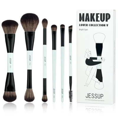 Imagen de Jessup Set Brochas de Maquillaje 10 En 6 Doble Punta para Rostro y Ojos Pincele Base,Sombra Ojos,Contorno,Rubor,Iluminador, Difuminado,Cepillo Cejas, Cian Brillante T501