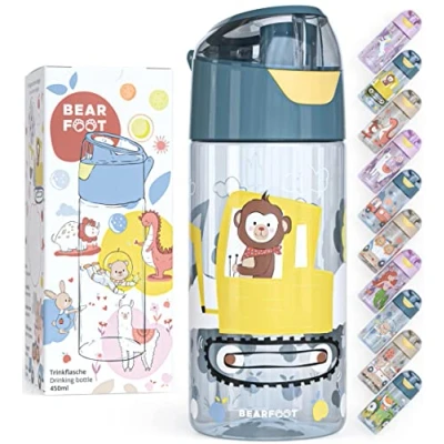 Imagen de BEARFOOT botella de agua para niños 450ml, ligera Tritan, sin BPA, a prueba fugas, con gas, apta lavavajillas niños, niñas, jardín infancia (Excavadora Azul)