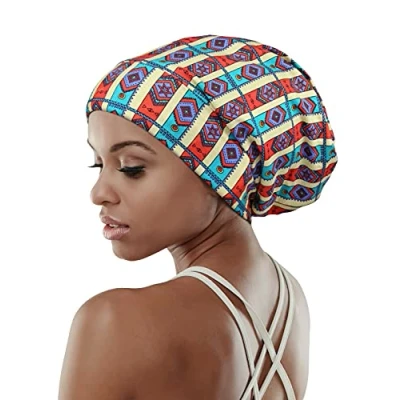 Imagen de Gorro de dormir ajustable con forro satén para rastas, cabello rizado, cabeza grande, permanece en la noche, Amarillo Azul, Talla única