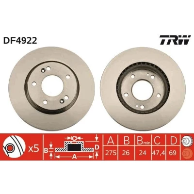 Imagen de TRW DF4922 Disco de freno 275 26 5 114,3 ventilado barnizado