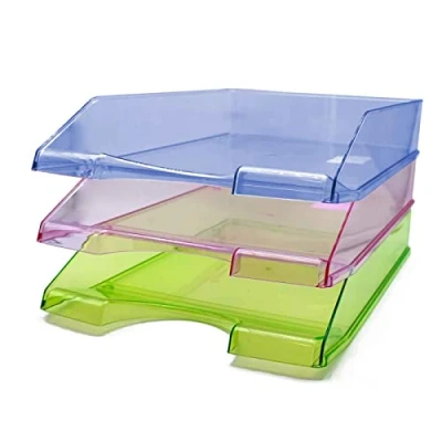 Imagen de Tradineur Pack de 3 bandejas oficina translúcidas Fabricado en plástico Para oficinas, trabajo, estudio, habitación, hogar y documentación. Color Surtido