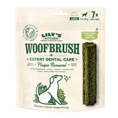 Imagen de Lily&#039;s Kitchen Woofbrush Golosinas naturales para perros adultos: Palitos dentales masticables Perro grande (1 paquete de 7 47g)