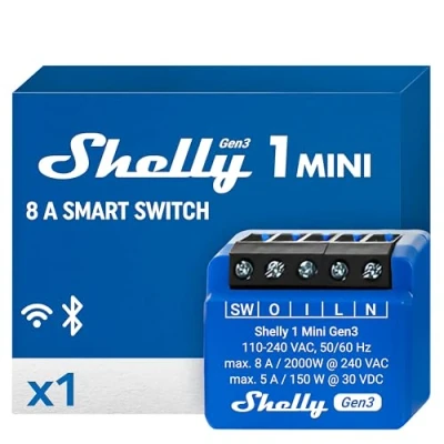 Imagen de Shelly 1 Mini Gen3, Relé Interruptor Inalámbrico con contactos secos, Wi Fi y Bluetooth, Canal 8A, Control remoto de luces, Alexa Google Home, app iOS Android, No requiere hub