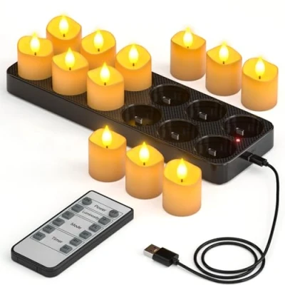 Imagen de Yme velas de té recargables con función temporizador y estación carga, 12 LED recargables, parpadeantes, mando a distancia, para habitaciones, salones, Halloween,