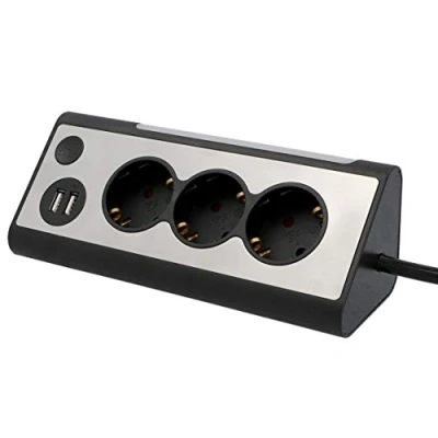 Imagen de Unitec 30884 Regleta esquinera 2 Puertos de Carga USB 3 enchufes iluminación LED Interruptor táctil Frontal Acero Inoxidable, Negro y Plateado
