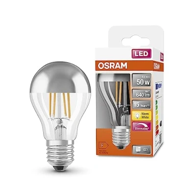 Imagen de OSRAM Lámparas LED de , forma clásica pistón, con corona pistón espejo, reemplazo 50 vatios, E27, A, 2700 kelvin, blanco cálido, vidrio transparente, 1 paquete