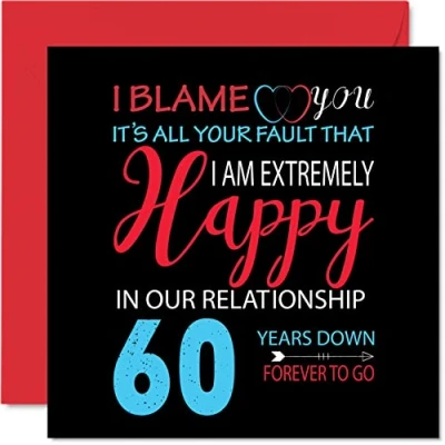 Imagen de Divertida Tarjeta de aniversario diamante para marido y esposa Your Fault I&#039;m Extremely Happy felicitación 60 boda pareja, tarjetas 145 mm x