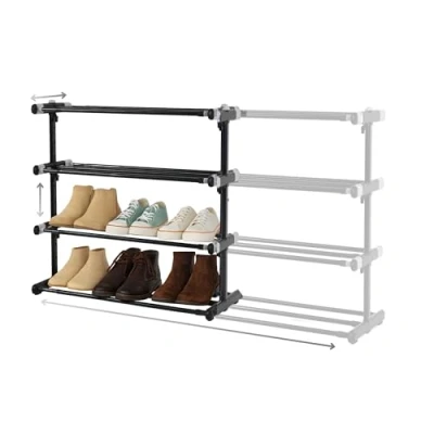 Imagen de ABB4US Zapatero Metálico 4 Baldas Extensible y Apilable Organizador de Zapatos Estante Mueble Para Entrada, Amario Fino Ahorra Espacio Negro Gris 55 x 24 55,5cm