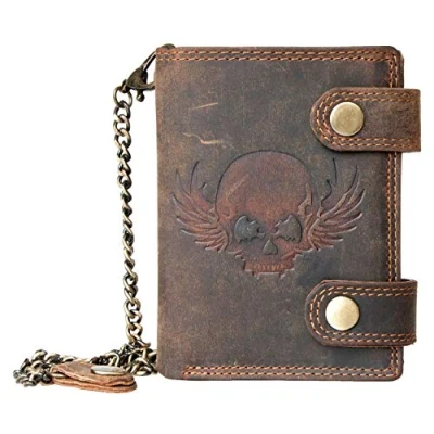 Imagen de FLW Cartera de piel auténtica salvaje fuerte con una calavera cadena RFID, Marrón, Talla única, RFID