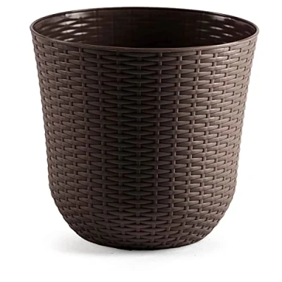 Imagen de AC Maceta Redonda Fabricación en plástico Diseño Rattan Ideal como macetero, Tiesto, Recipiente para Plantas, Flores, balcón, terraza, jardín Ø 33 cm Color Wengué
