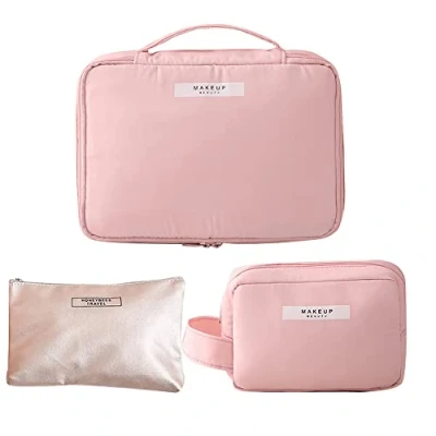 Imagen de ZOOMPIL 2 Piezas Neceser Maquillaje, Portátil Bolsa de Maquillaje Viaje, Bolsas Cosméticos, Mujeres y Niñas Aseo Impermeable Gran Capacidad, para Hogar Vacaciones Viaje(Rosa)