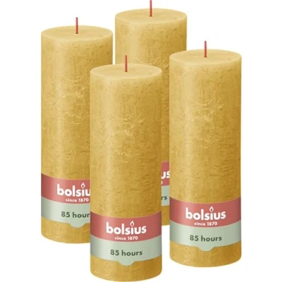 Imagen de Bolsius vela rústica de pilar amarilla, paquete 4, larga duración combustión 85 horas, doméstica, decoración interiores, sin perfume, cera vegana natural, aceite palma, 19 x 7