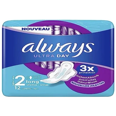 Imagen de Always Ultra Toallas Higiénicas, Tamaño 2, Largo, 12 Con Aletas, Flujo Moderado Día, Max Confort, Super Absorbentes y Ultrafinas