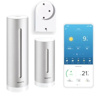 Imagen de Netatmo Estación Meteorológica Inalámbrica Interior Exterior con Wifi, Soporte de pared, termómetro, higrómetro, sonómetro, calidad del aire, Compatible Amazon Alexa, Apple y Google, NWS AMZ