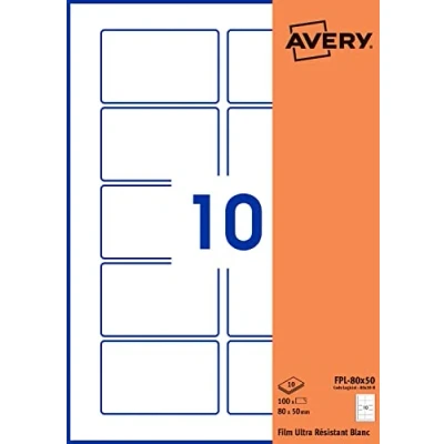 Imagen de Avery Etiquetas autoadhesivas rectangulares personalizables, 80 x 50 mm, poliéster, blanco, paquete de 100 unidades
