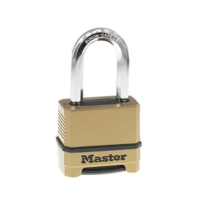 Imagen de Master Lock M175XDLF Cerradura de combinación para exteriores resistente, acabado en latón, grillete 1 1/2 pulgadas