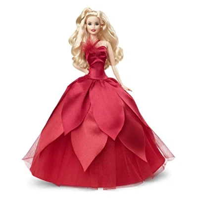 Imagen de Barbie Signature Fiesta de Navidad Caucásica Muñeca rubia con vestido rojo floral y detalles pintados, juguete colección, regalo +16 años (Mattel HBY03)