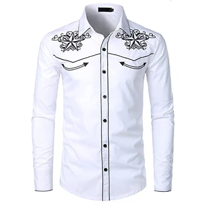 Imagen de NW Camisa de vaquero occidental para hombre con estilo bordado slim fit casual manga larga camisas boda fiesta camisa, Blanco 01, XL