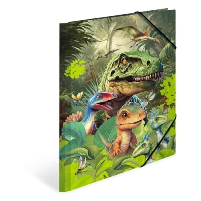 Imagen de HERMA 19723 Dino World carpeta de cartón con esquinas para niños, impresión interior y banda elástica, resistente, niños niñas