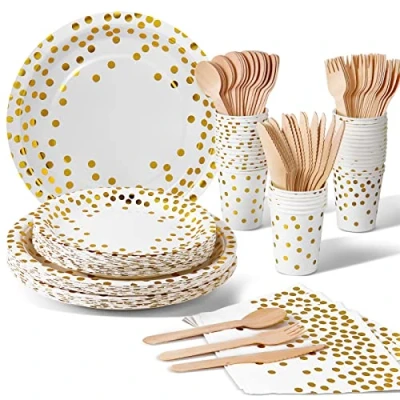 Imagen de Nkaiso Vajilla de fiesta,140 piezas Blanco puntos dorados, set juego platos y cubiertos, cubertería cartón, vasos, servilletas, para cumpleaños, bodas, aniversarios (20 invitados)
