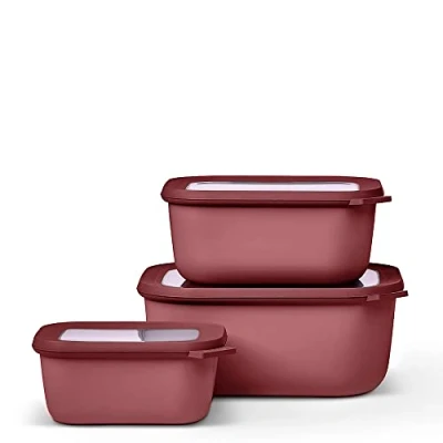 Imagen de Mepal Multi Bowl Cirqula Rectengular 3 Partes Caja de Almacenamiento Alimentos con Tapa Hermética para Nevera y Microondas 500 ml, 1000 ml &amp; 3000 Vivid mauve