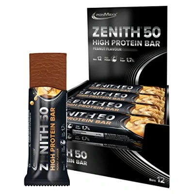 Imagen de IronMaxx Zenith 50 XL barrita proteica Cacahuetes 12 x 100g con 50% de proteínas bajo en carbohidratos, azúcar aminoácidos importantes