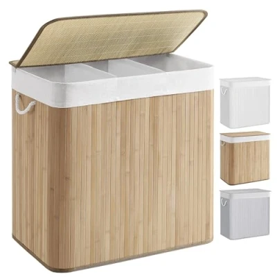 Imagen de SONGMICS Cesta de lavandería (150 L, 3 compartimentos clasificación, tapa bambú, asas, plegable, bolsa extraíble lavable a máquina, para lavandería, dormitorio, color madera LCB091N01