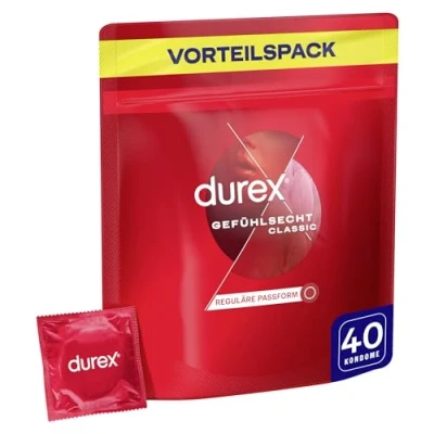Imagen de Durex Preservativos clásicos, delicados para sensaciones intensas y sensuales, paquete grande de 40 unidades, 1 x unidades