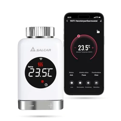 Imagen de SALCAR Termostato Calefaccion TRV801W WiFi Pantalla LCD Compatible con Amazon Alexa &amp; Google Assistant Cabezal Termostático Programable Tuya, sin Puerta de Enlace Adicional