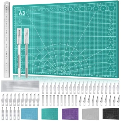 Imagen de Juego de alfombrillas corte A3 con 55 cuchillos para manualidades,alfombrilla corte, alfombrilla dibujo, manualidades,Cutting Board Cuadrículas y patrones dibujo (Verde)