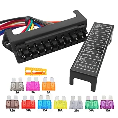 Imagen de Aiqeer 10 Vías Portafusibles Coche con Precableado, 2 Entradas 4 Salidas Bloque Fusibles Cuchilla Estándar, Caja Marino Piezas Estándar (12V / 24V 32V 48V Universal)