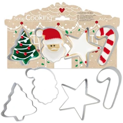 Imagen de ScrapCooking 2089 Cortador de galletas acero inoxidable, 4 moldes para tartas pequeñas, accesorios pastelería, abeto, Santa Claus, estrella, caña azúcar,