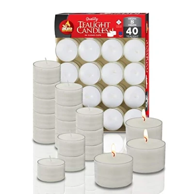 Imagen de Ner Mitzvah Velas de Té Paquete 40 sin Perfume Larga Duración 8 h Blancas en Taza Transparente