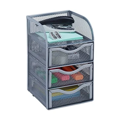 Imagen de Relaxdays Organizador de Escritorio Pequeño con Cajones, Metal, Plateado, 21 x 12.5 13 cm, Acero