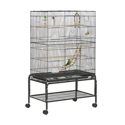 Imagen de PawHut Jaula para Pájaros con Ruedas 79x49x133 cm Pajarera Metálico Grande Soporte 4 Comederos 3 Perchas Juguetes Bandeja Extraíble Estante Canarios Periquitos Negro