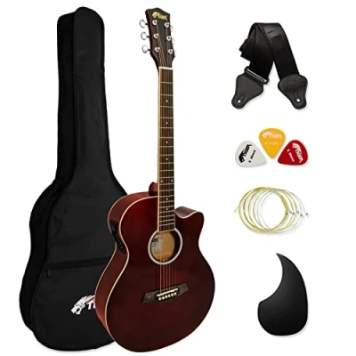 Imagen de TIGER ACG4 RD Guitarra electroacústica para estudiantes de tamaño completo con ecualizador incorporado, funda, correa, cuerdas repuesto y púas Rojo